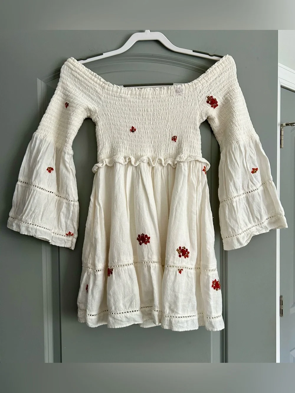 Free People Ivory Embroidered Off Shoulder Smocked Mini Dress XS Boho Bell Sleev